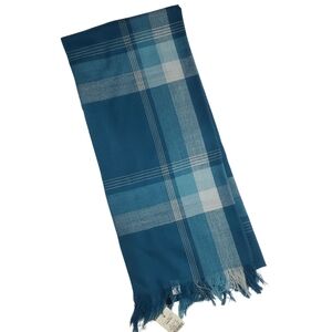 NWT Talbots Lightweight Wool Teal Blue Plaid Fringe Rectangle Scarf Fall Winter
